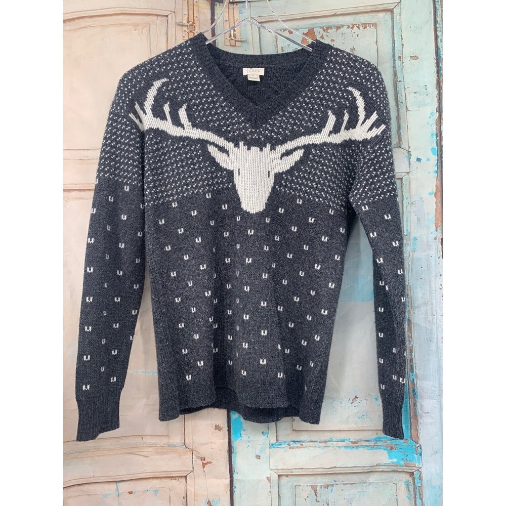 J Crew Deer Sweater V Neck Style B 3786  S Gray Cream  Deer Sweater Marino Wool